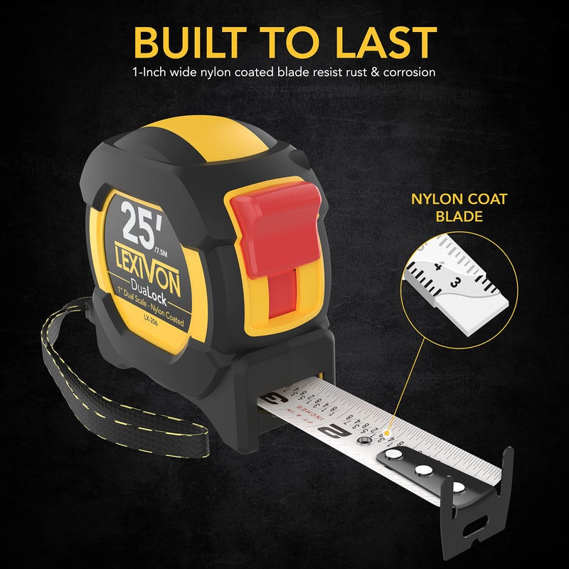 LEXIVON [3-Pack] 25Ft/7.5m DuaLock Tape Measure | 1-Inch Wide Blade with Nylon Coating, Matte Finish White & Yellow Dual Sided Rule Print | Ft/Inch/Fractions/Metric (LX-206X3) - Image 2